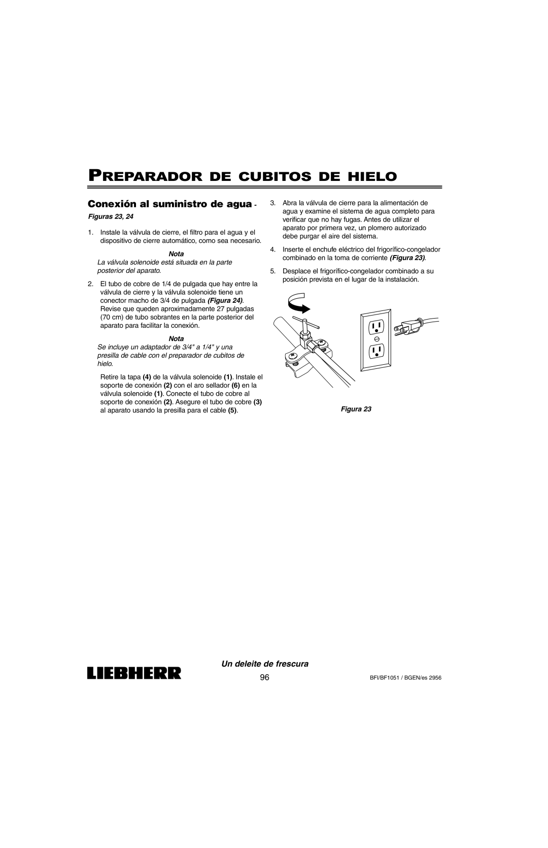 Liebherr BFI1051, BF1051 installation instructions Conexión al suministro de agua, Nota 