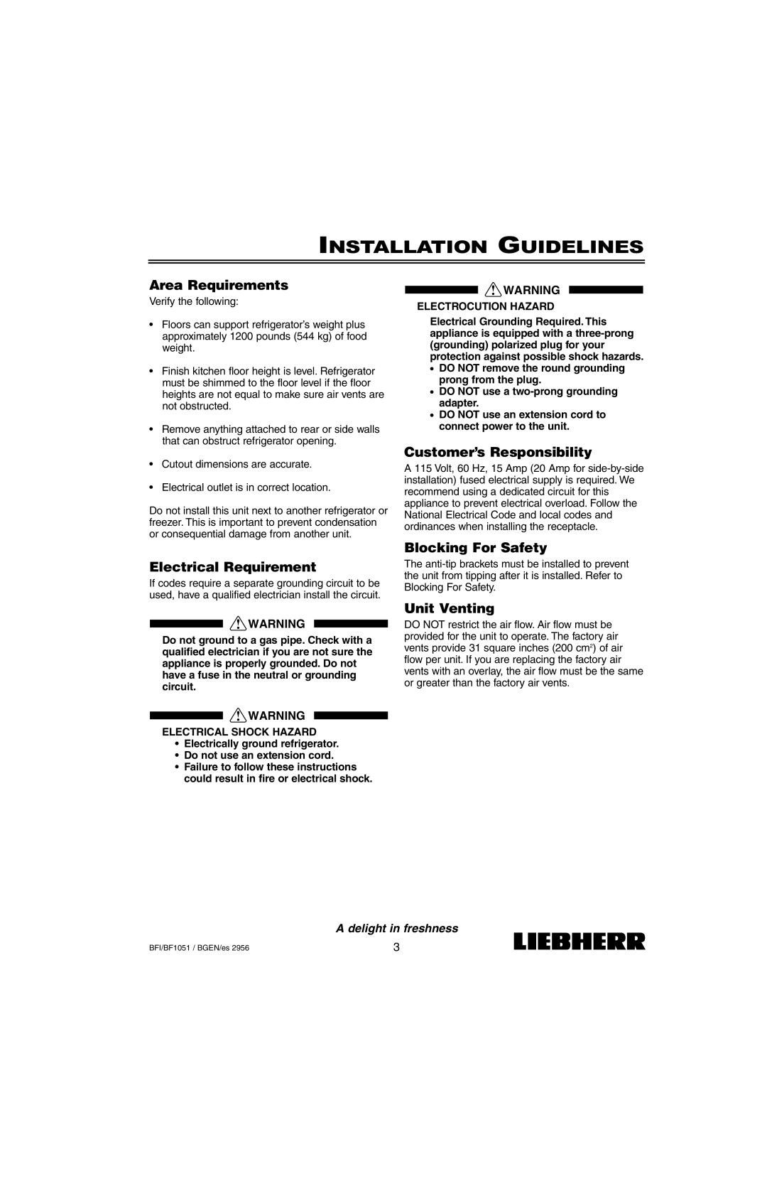 Liebherr BF1051, BFI1051 Installation Guidelines, Area Requirements, Electrical Requirement, Customer’s Responsibility 