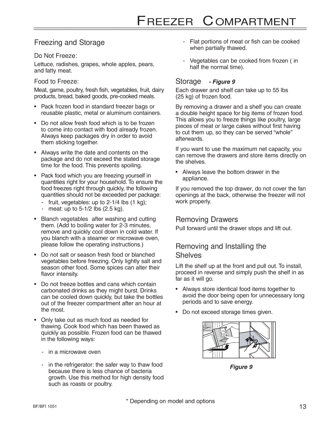 Liebherr BF/BFI 1051 Freezing and Storage, Removing Drawers, Removing and Installing the Shelves, Do Not Freeze 