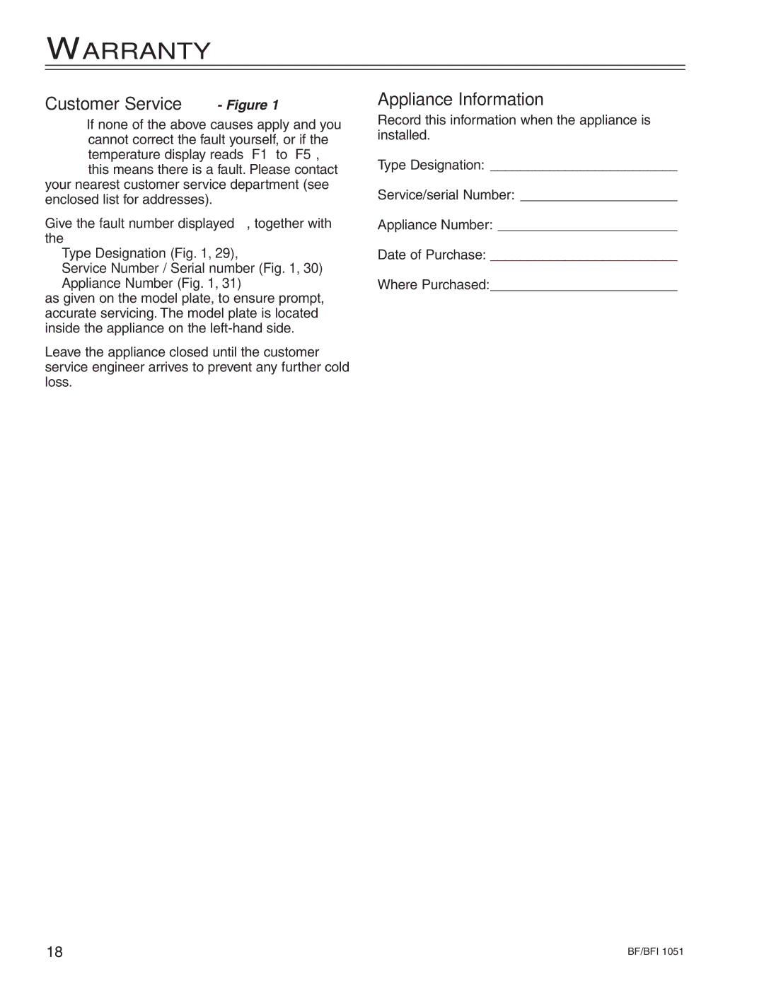 Liebherr BGEN/es 2956, BF/BFI 1051 manuel dutilisation Warranty, Customer Service Figure, Appliance Information 