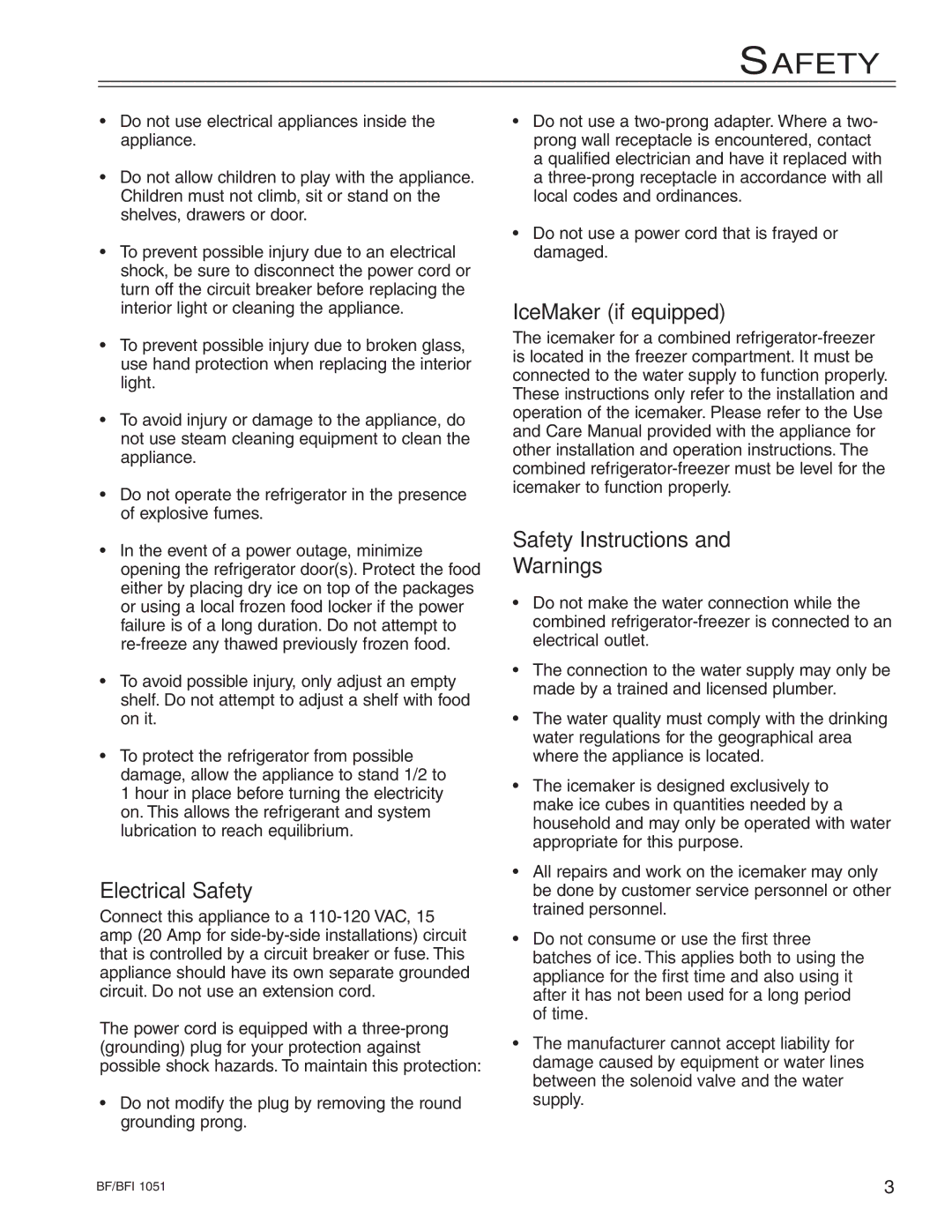 Liebherr BF/BFI 1051, BGEN/es 2956 manuel dutilisation Electrical Safety, IceMaker if equipped, Safety Instructions 