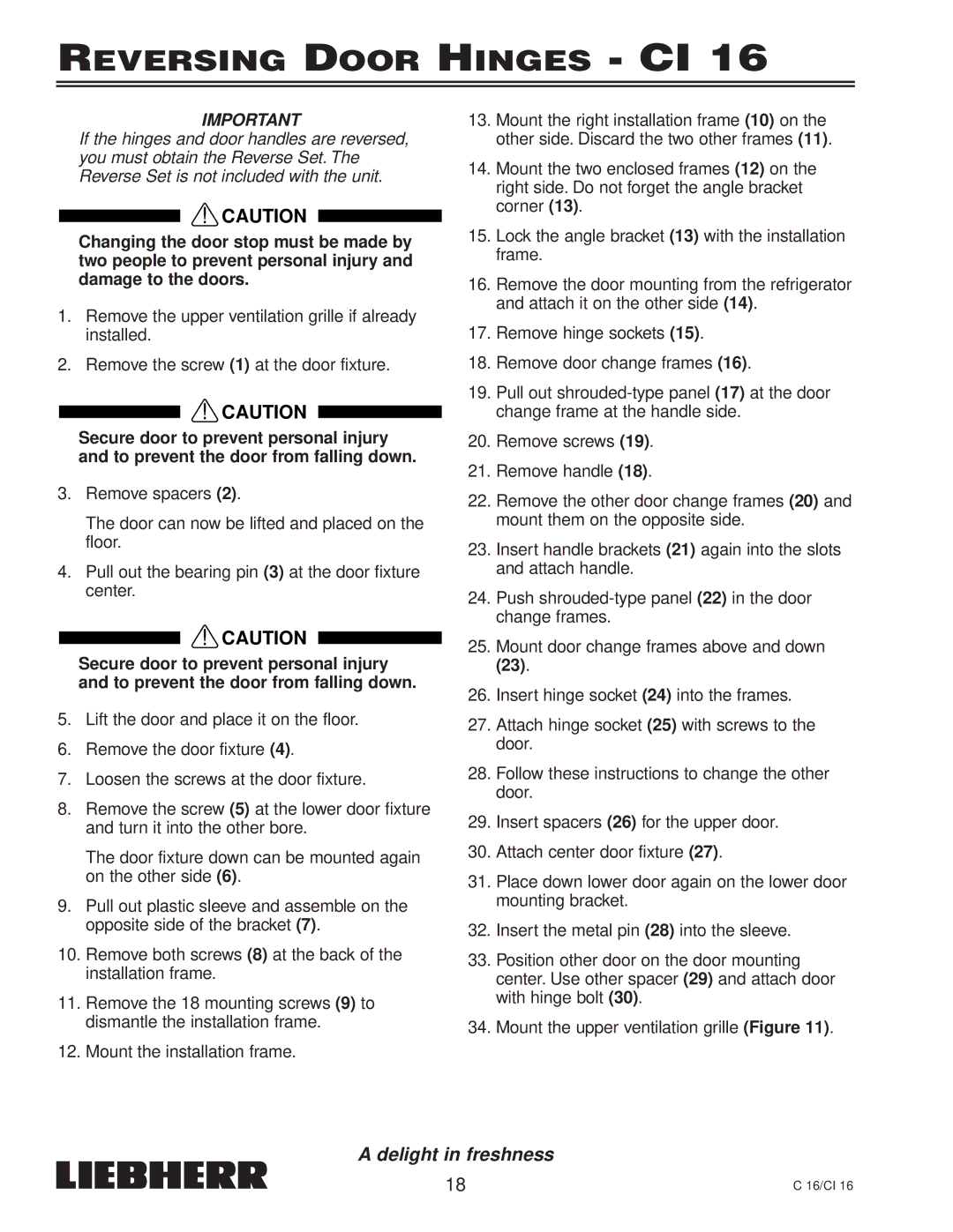 Liebherr 7080 359-02, C 16, CI 16 installation instructions Reversing Door Hinges CI 