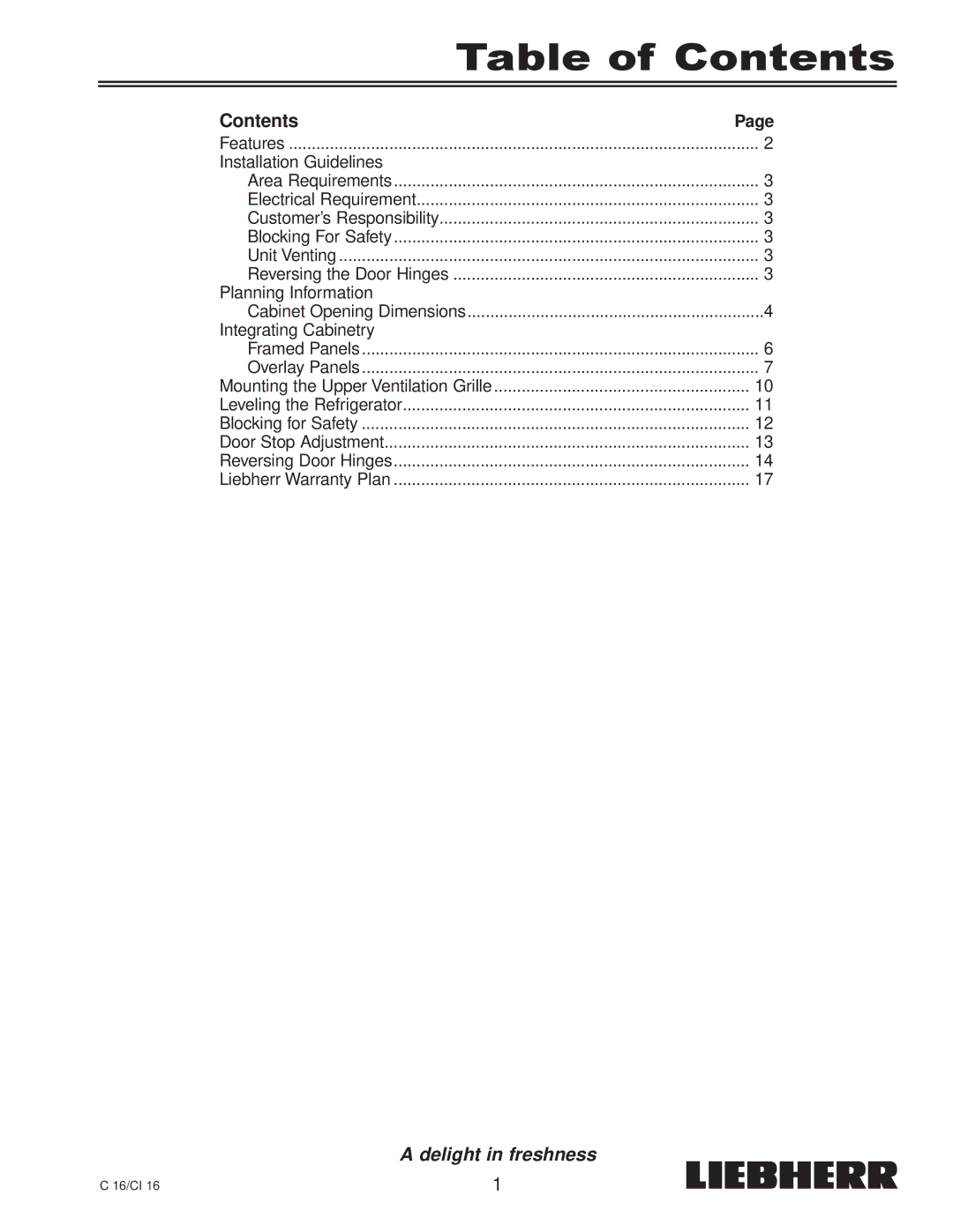 Liebherr C 16, CI 16, 7080 359-02 installation instructions Table of Contents 