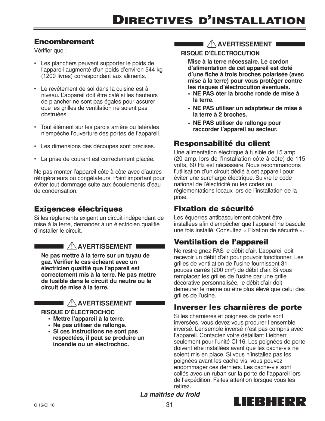 Liebherr C 16, CI 16, 7080 359-02 installation instructions Directives D’INSTALLATION 