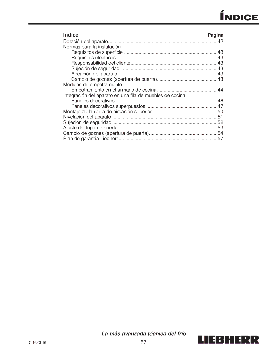 Liebherr 7080 359-02, C 16, CI 16 installation instructions Índice 