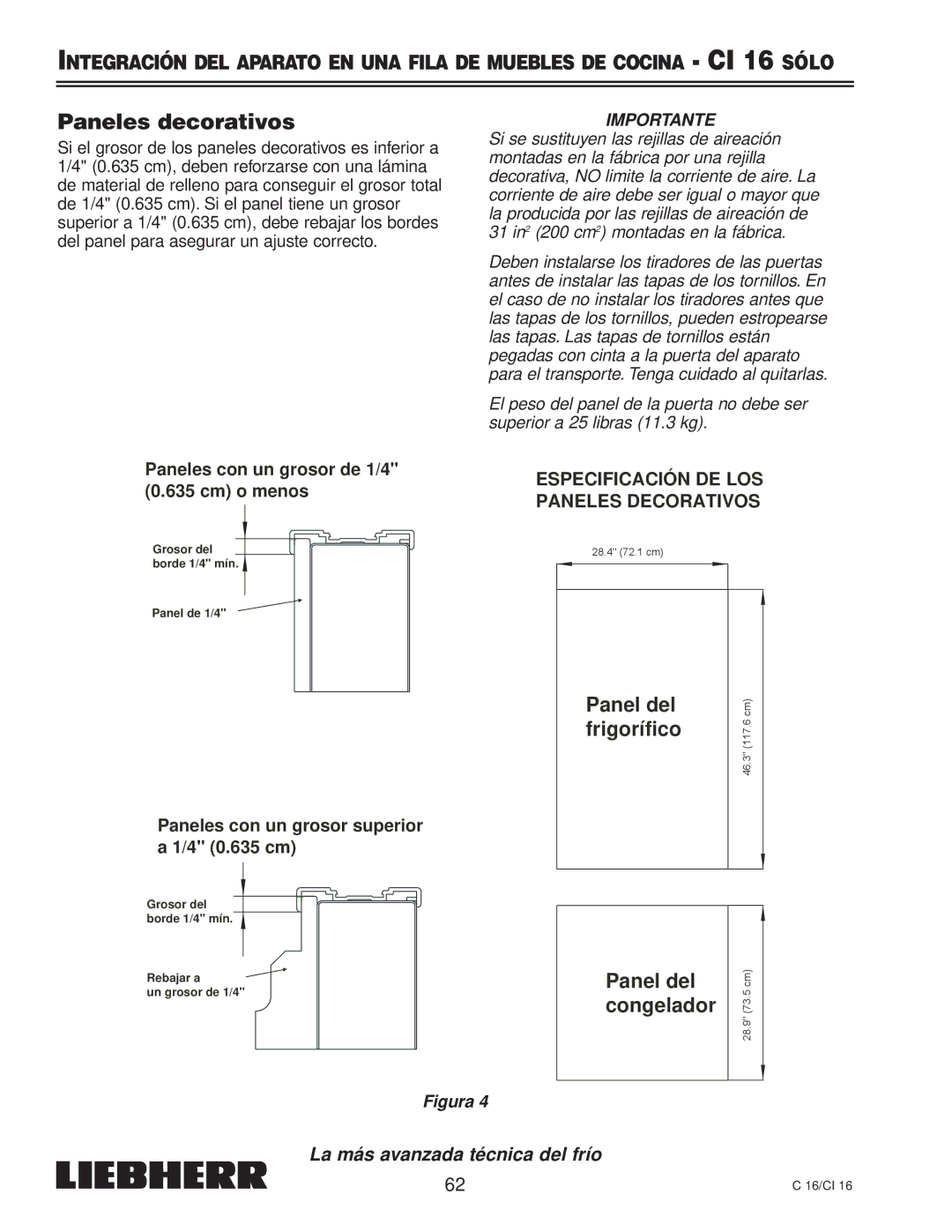 Liebherr CI 16, C 16, 7080 359-02 installation instructions Paneles decorativos, Congelador 