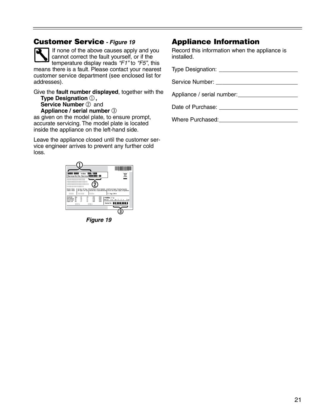 Liebherr CS16, CI16, C16 Customer Service Figure, Appliance Information, Service Number 2 and Appliance / serial number 