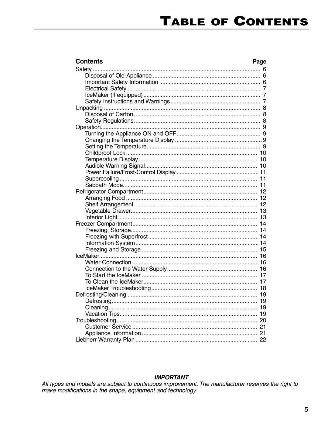 Liebherr CS16, CI16, C16, 7080 361-03 manual Table of Contents 