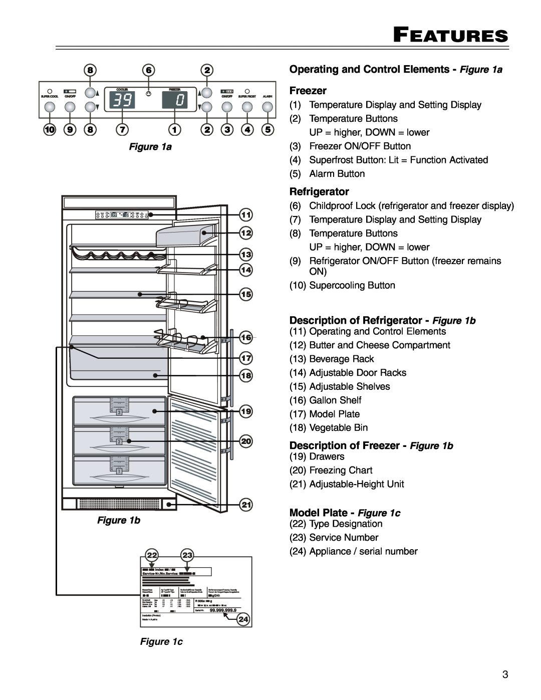 Liebherr 7080 361-03, CI16, CS16 Features, Operating and Control Elements - a, Freezer, Description of Refrigerator - b 