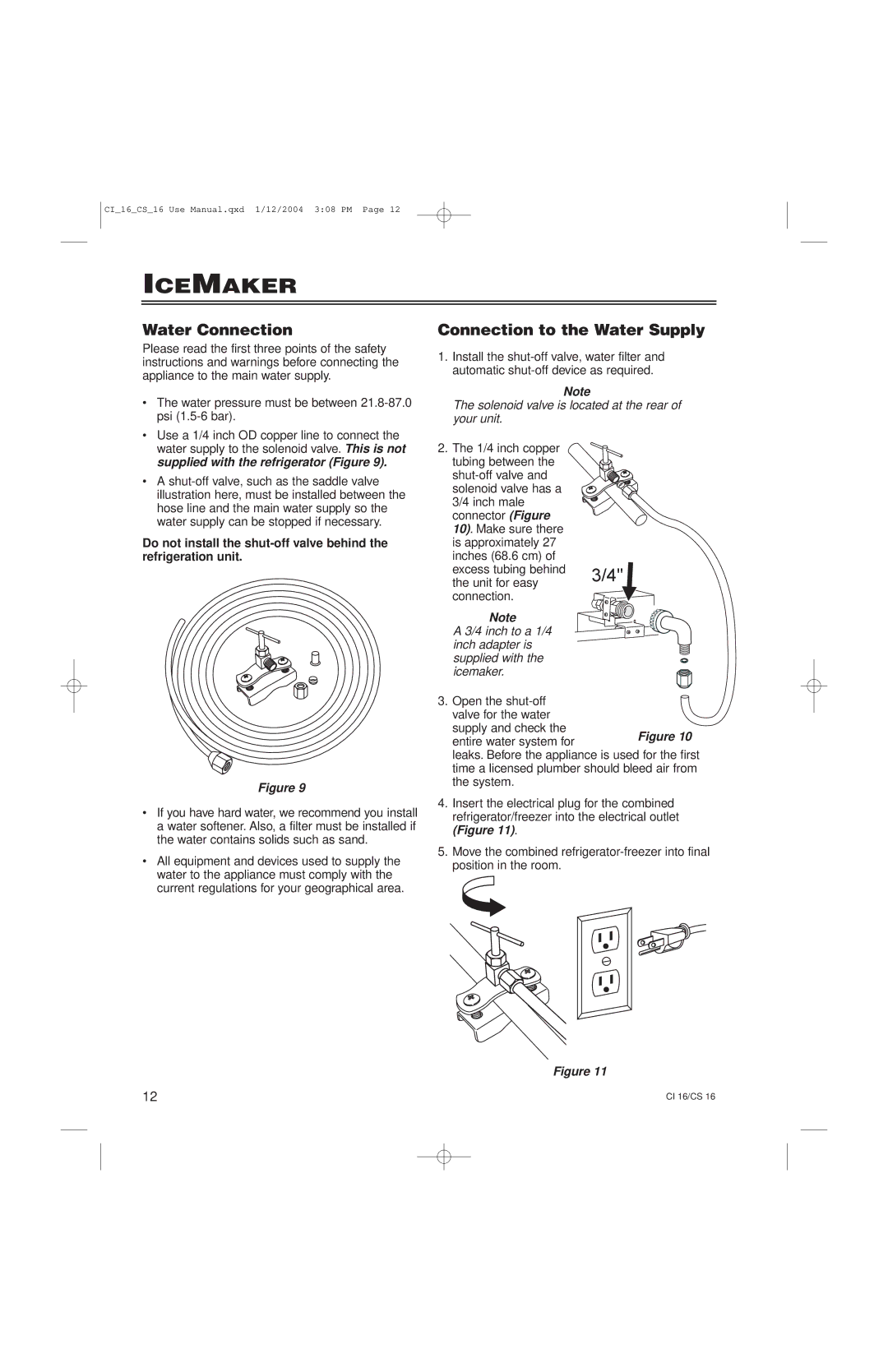 Liebherr CS16, CI16 manual Icemaker, Water Connection, Connection to the Water Supply 