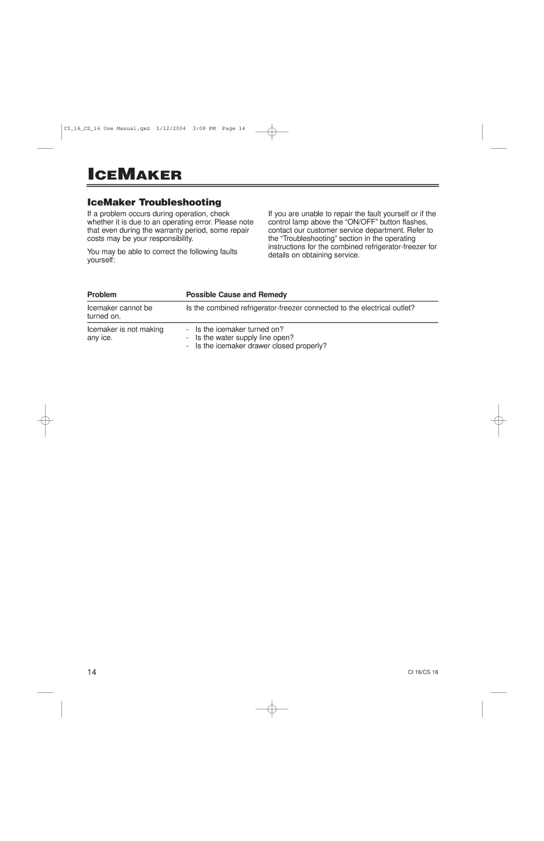 Liebherr CS16, CI16 manual IceMaker Troubleshooting, Problem Possible Cause and Remedy 