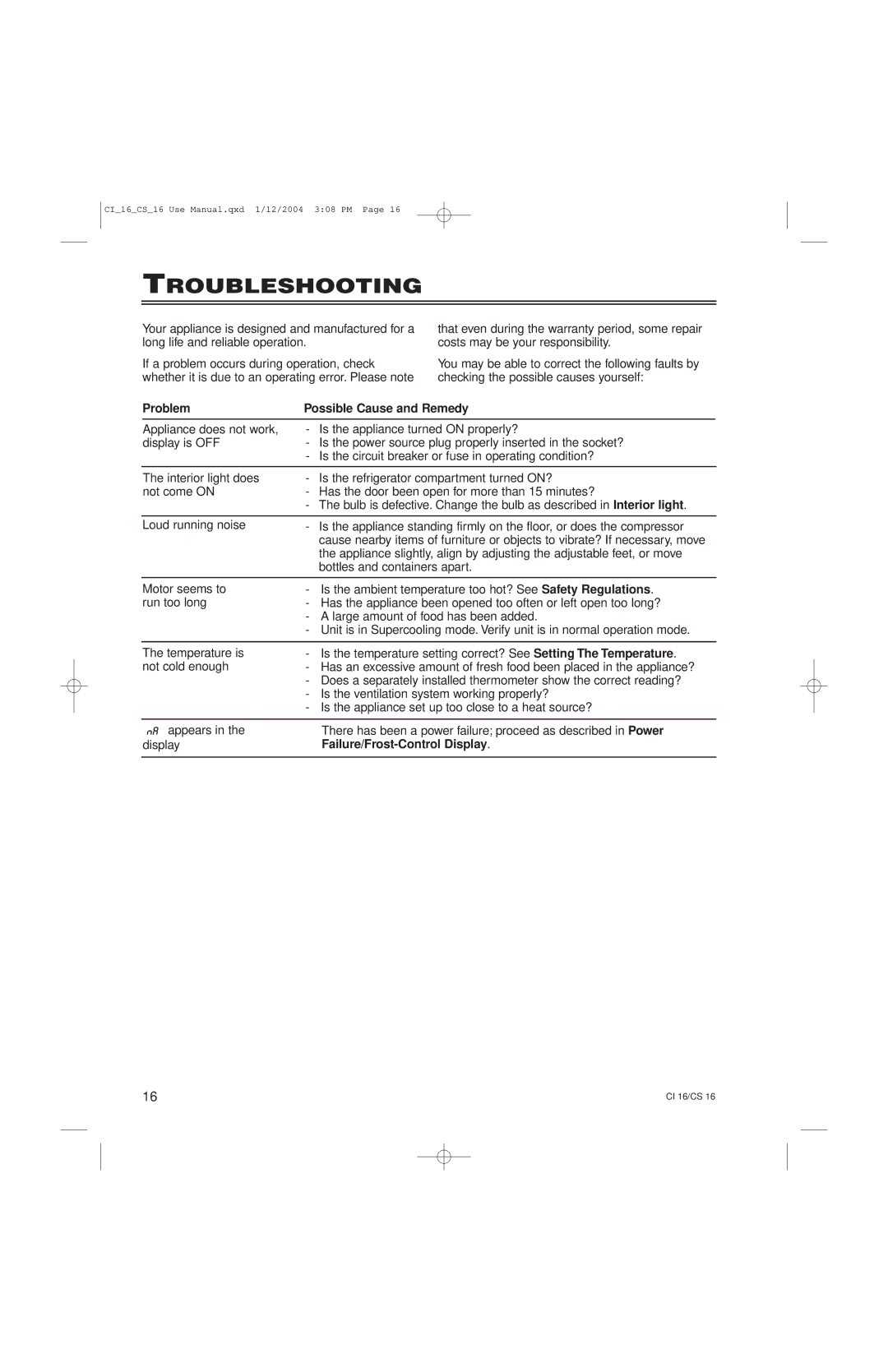 Liebherr CS16, CI16 manual Troubleshooting 