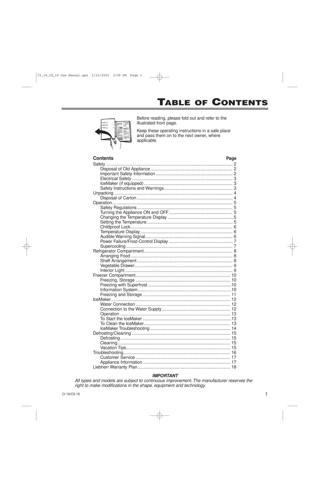 Liebherr CI16, CS16 manual Table of Contents 