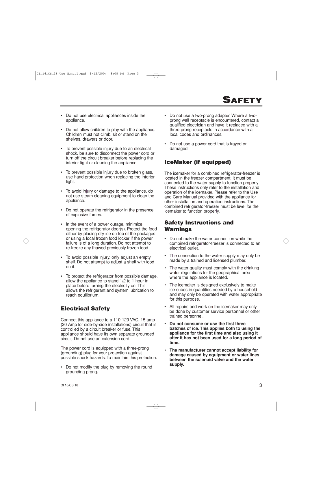 Liebherr CI16, CS16 manual Electrical Safety, IceMaker if equipped, Safety Instructions 