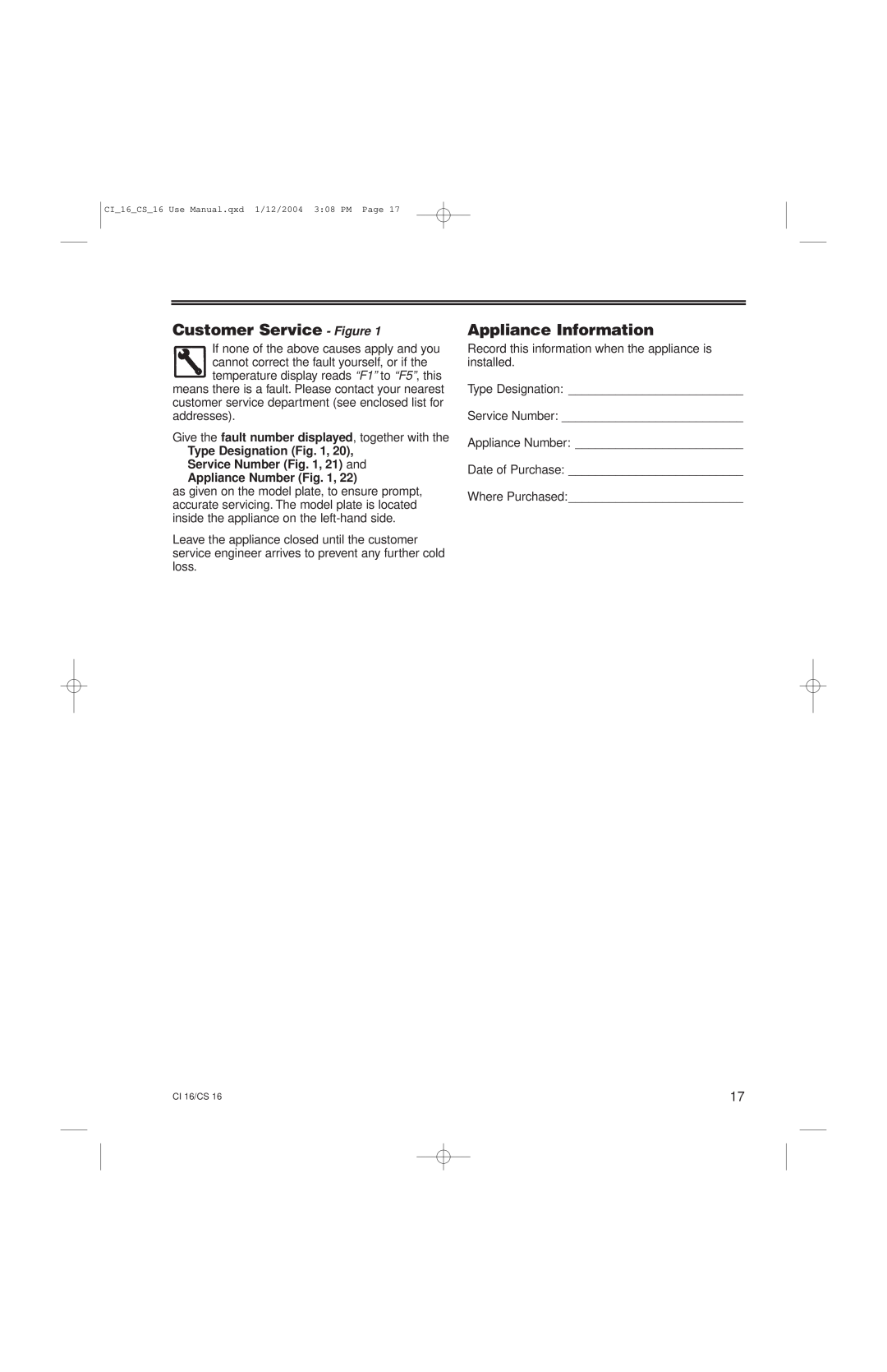 Liebherr CI16 Customer Service - Figure, Appliance Information, Type Designation Service Number , 21 and, Appliance Number 