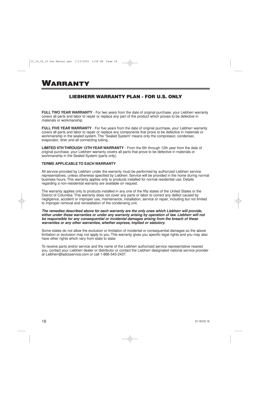 Liebherr CS16, CI16 manual Liebherr Warranty Plan - For U.S. Only 
