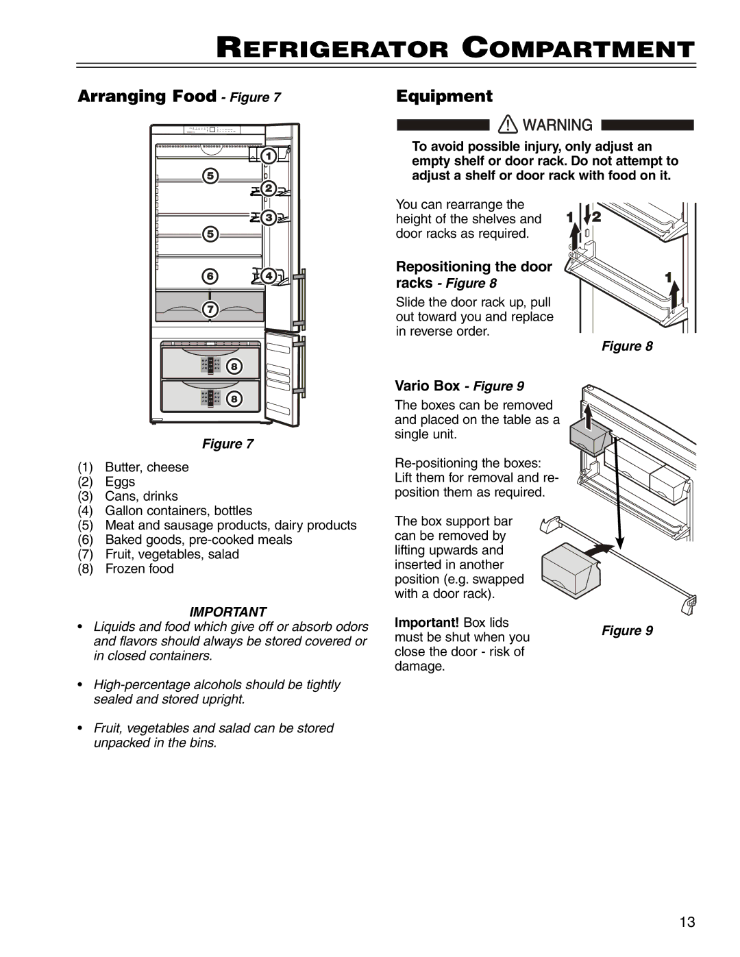 Liebherr CS 1400 7082 663-00 manual Refrigerator Compartment, Arranging Food Figure Equipment, Vario Box Figure 