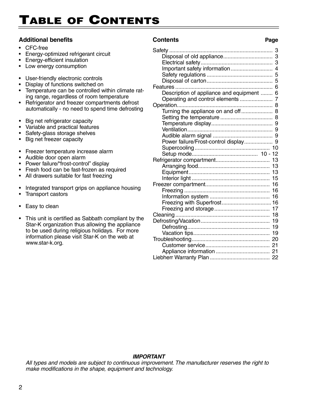 Liebherr CS 1400 7082 663-00 manual Table of Contents 