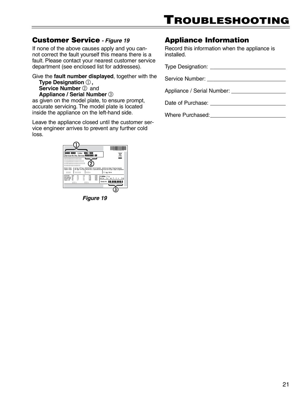 Liebherr CS 1400 7082 663-00 manual Customer Service Figure, Appliance Information 