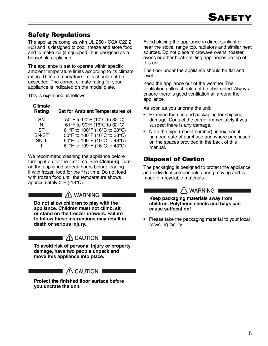 Liebherr CS 1400 7082 663-00 manual Safety Regulations, Disposal of Carton 