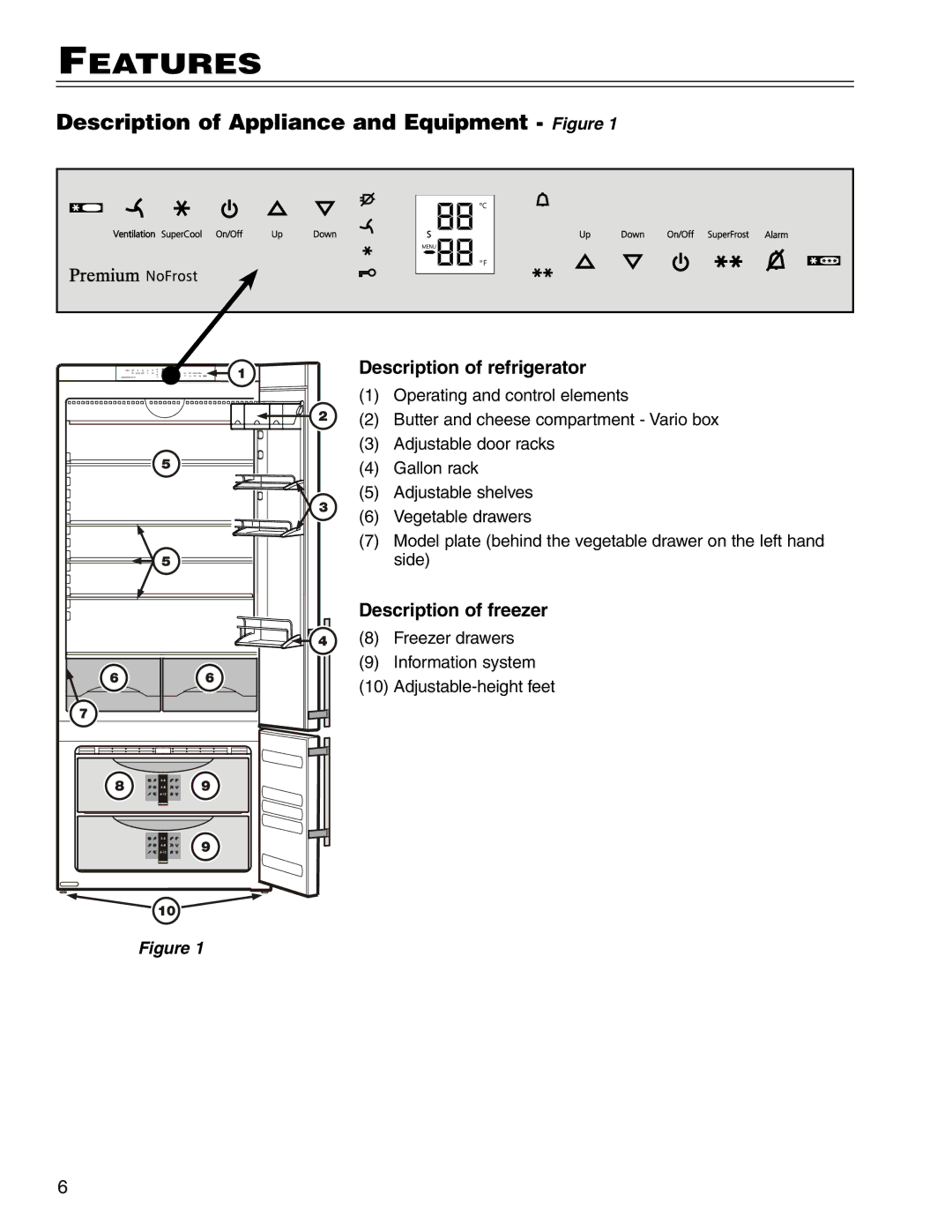 Liebherr CS 1400 7082 663-00 manual Features, Description of Appliance and Equipment Figure, Description of refrigerator 