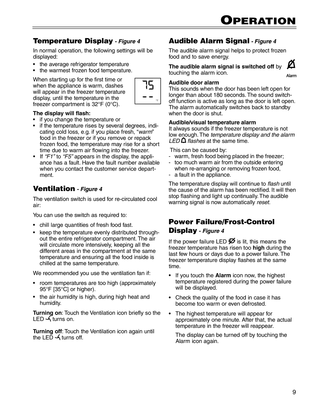 Liebherr CS 1400 7082 663-00 manual Temperature Display Figure, Ventilation Figure, Audible Alarm Signal Figure 