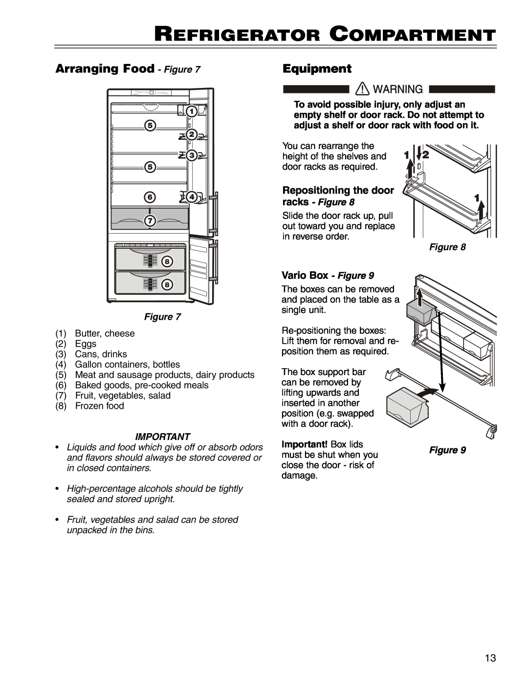 Liebherr CS 1400 7082 663-00 manual Refrigerator Compartment, Arranging Food - Figure, Equipment, Vario Box - Figure 