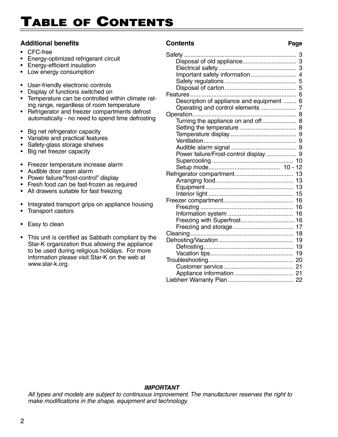 Liebherr CS 1400 7082 663-00 manual Table of Contents, Additional benefits 