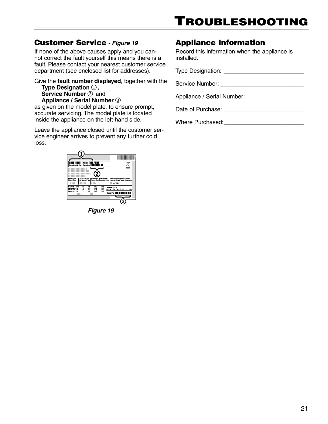Liebherr CS 1400 7082 663-00 manual Customer Service - Figure, Appliance Information, Troubleshooting 
