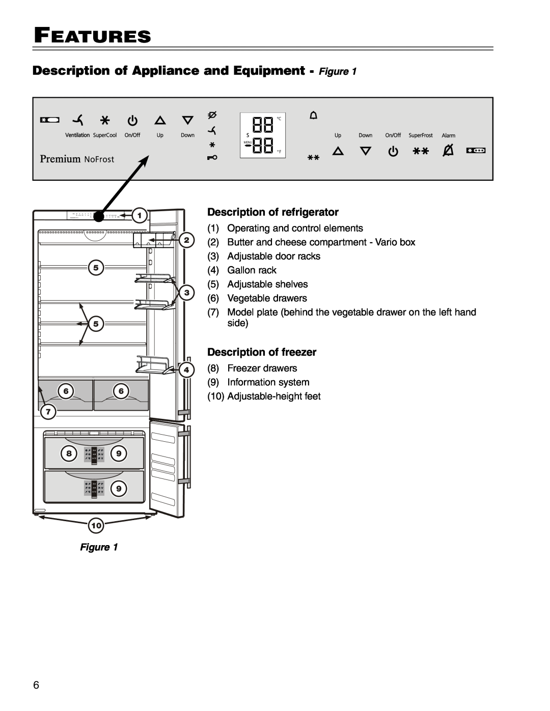Liebherr CS 1400 7082 663-00 manual Features, Description of Appliance and Equipment - Figure, Description of refrigerator 