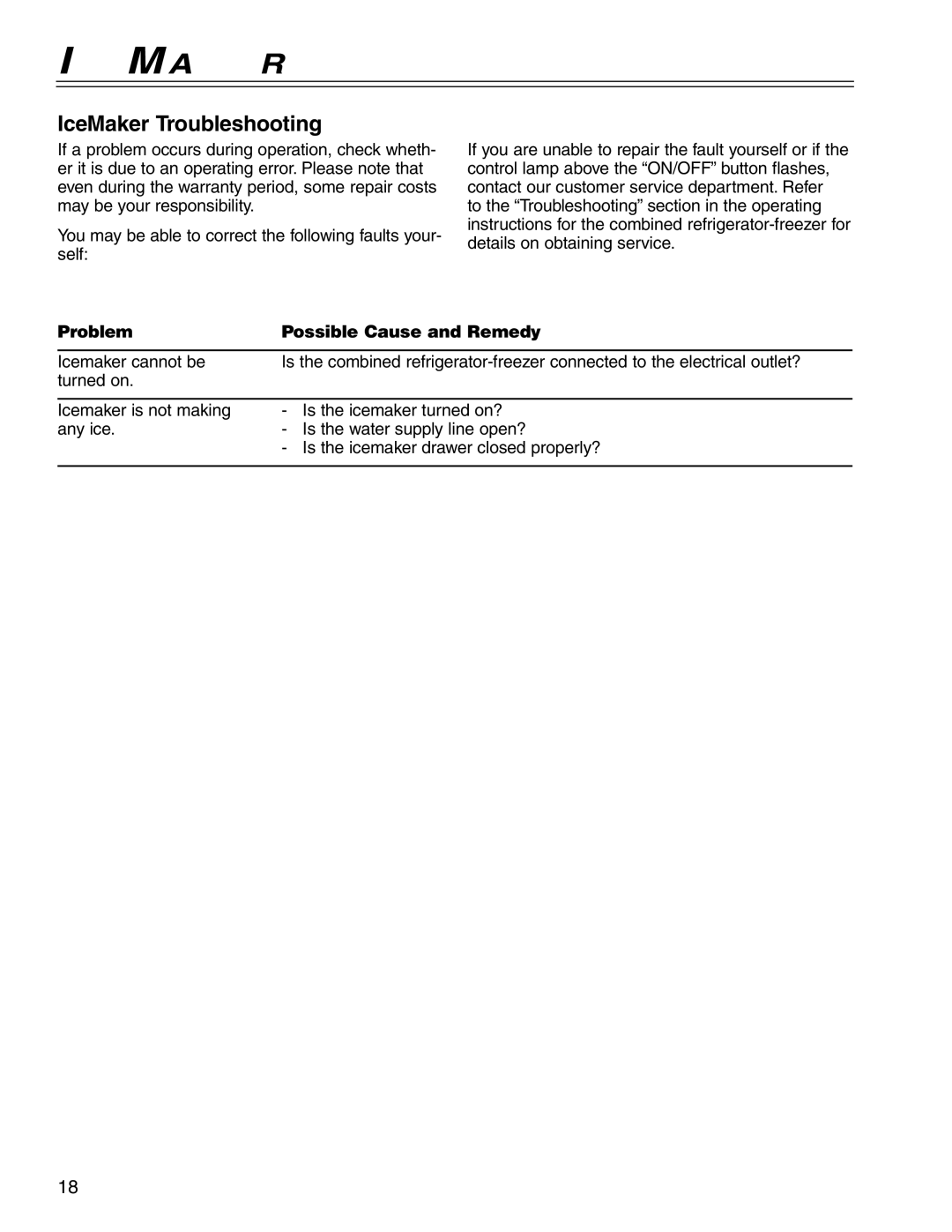 Liebherr CS 16 manuel dutilisation IceMaker Troubleshooting, Problem Possible Cause and Remedy 