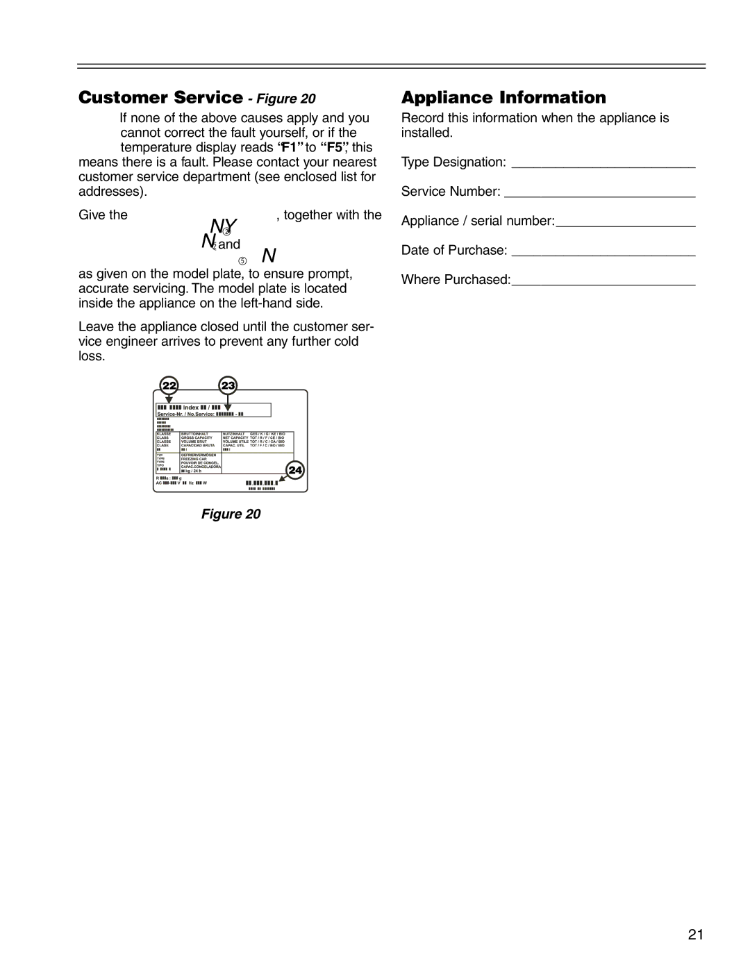 Liebherr CS 16 manuel dutilisation Customer Service Figure, Appliance Information 