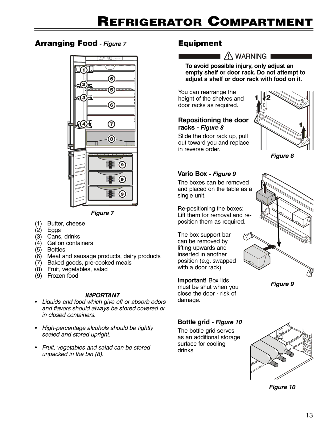 Liebherr CS 1611 7801 149-00 manual Refrigerator Compartment, Arranging Food Figure Equipment, Vario Box Figure 