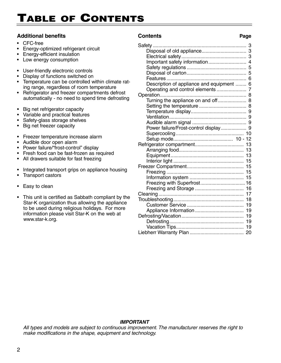 Liebherr CS 1611 7801 149-00 manual Table of Contents 