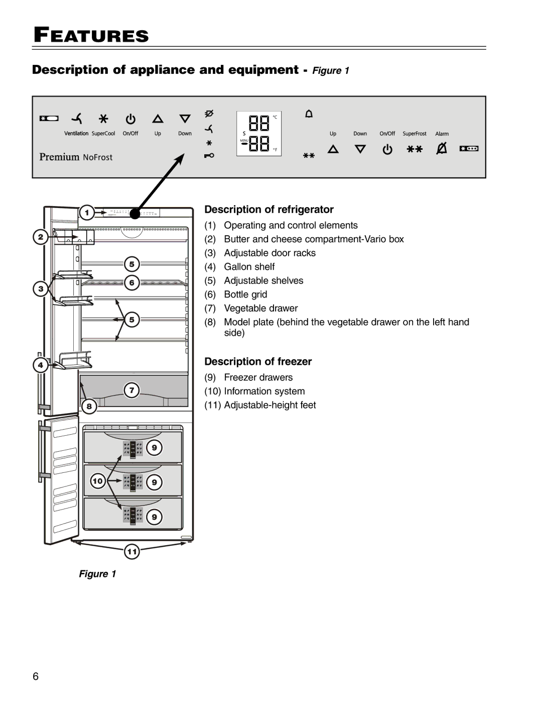 Liebherr CS 1611 7801 149-00 manual Features, Description of appliance and equipment Figure, Description of refrigerator 