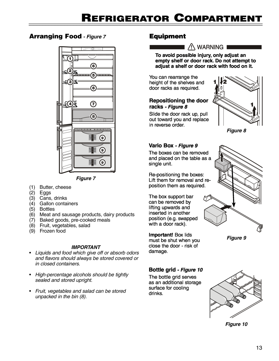 Liebherr CS 1611 7801 149-00 manual Refrigerator Compartment, Arranging Food - Figure, Equipment, Vario Box - Figure 