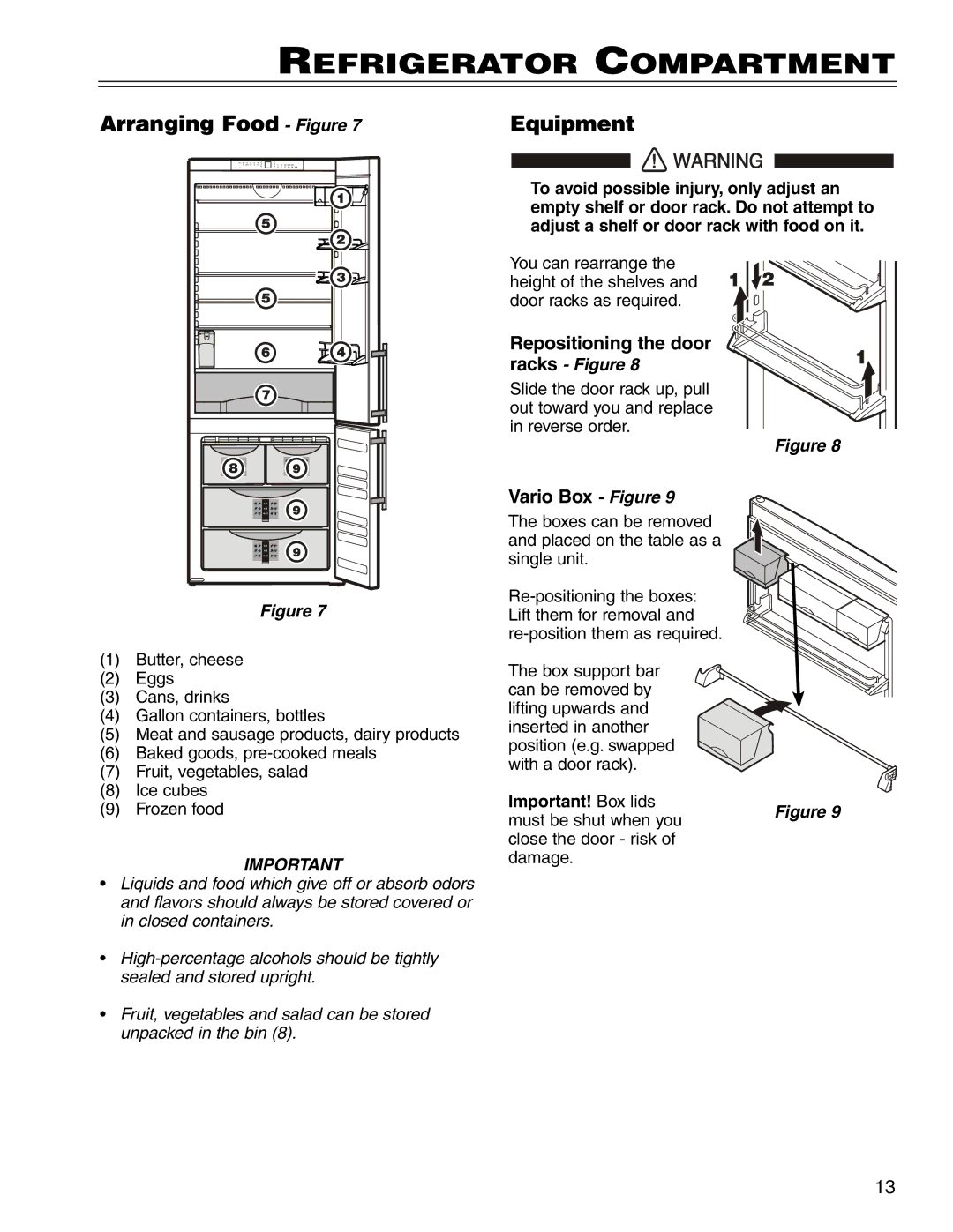 Liebherr CS 1640 7082 481-01 manual Refrigerator Compartment, Arranging Food Figure Equipment, Vario Box Figure 