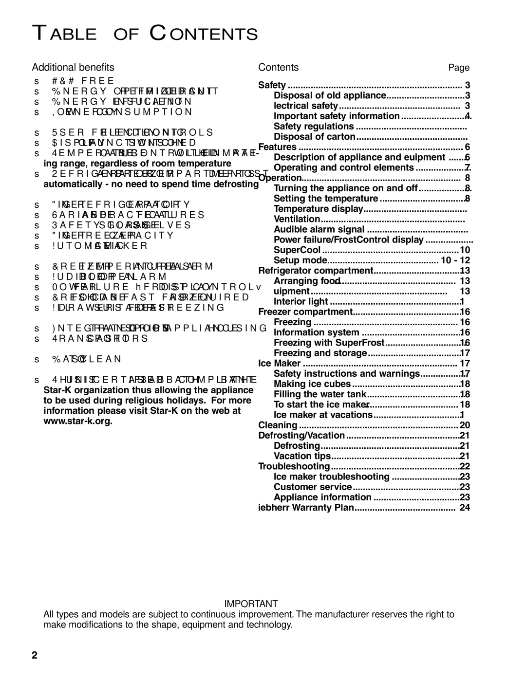 Liebherr CS 1640 7082 481-01 manual Table of Contents 