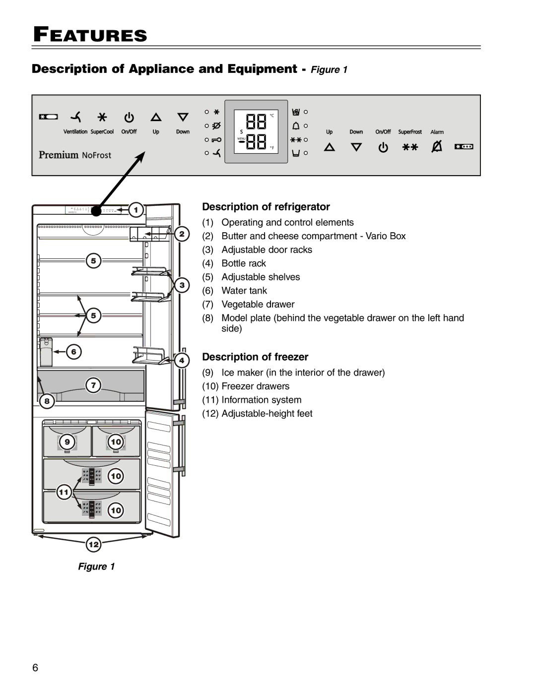 Liebherr CS 1640 7082 481-01 manual Features, Description of Appliance and Equipment Figure, Description of refrigerator 