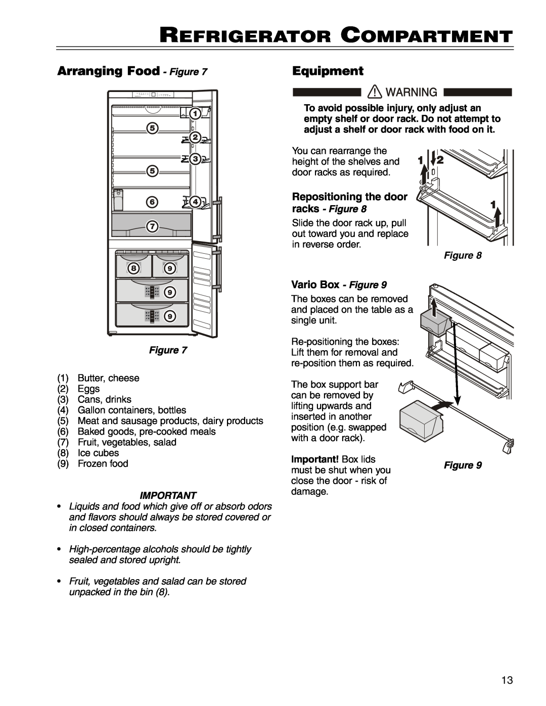 Liebherr CS 1640 7082 481-01 manual Refrigerator Compartment, Arranging Food - Figure, Equipment, Vario Box - Figure 
