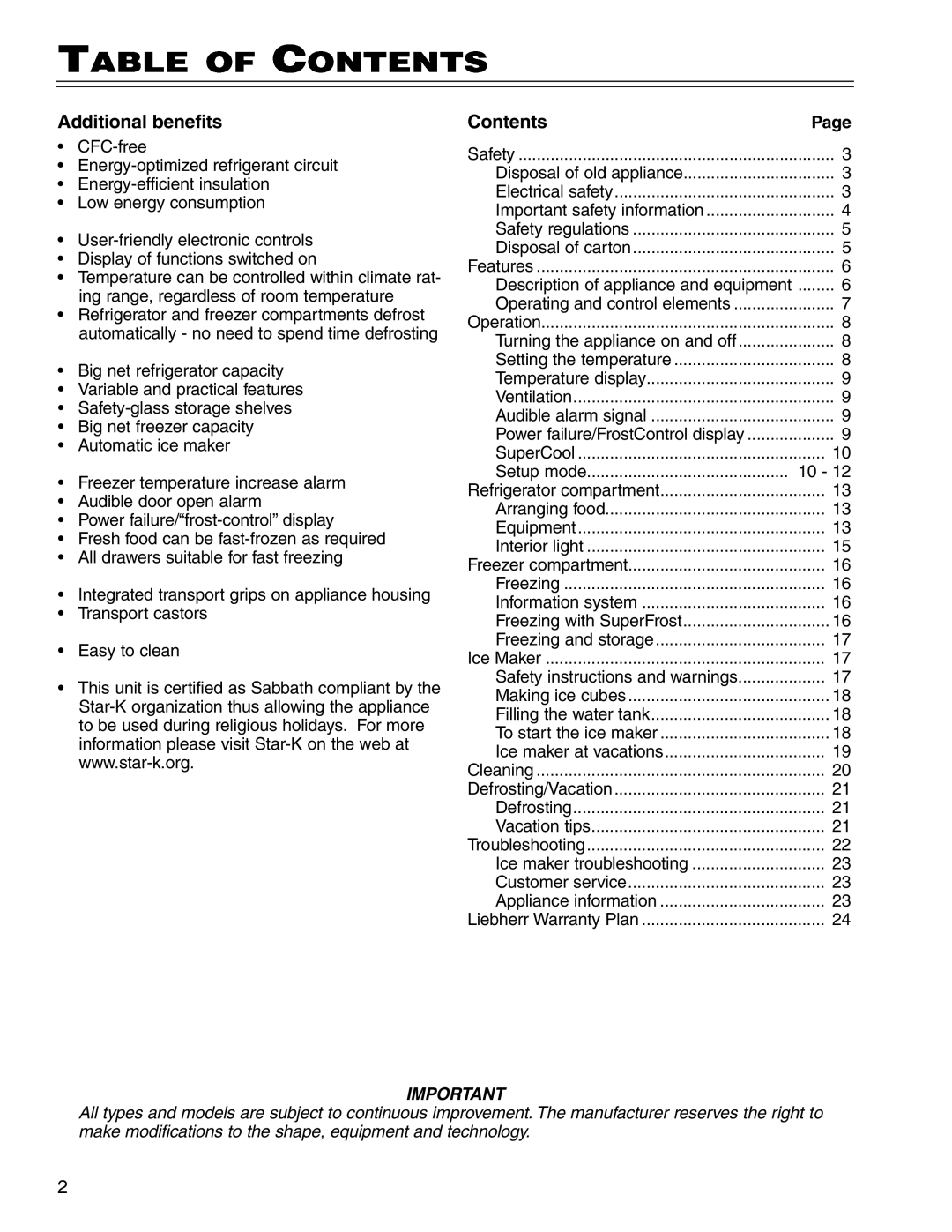 Liebherr CS 1640 7082 481-01 manual Table of Contents, Additional benefits 