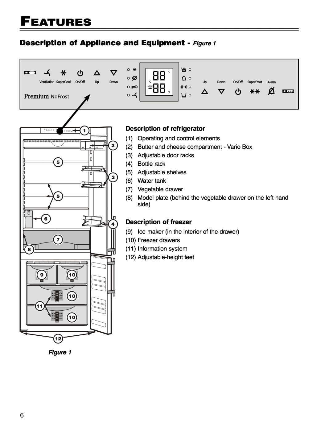 Liebherr CS 1640 7082 481-01 manual Features, Description of Appliance and Equipment - Figure, Description of refrigerator 
