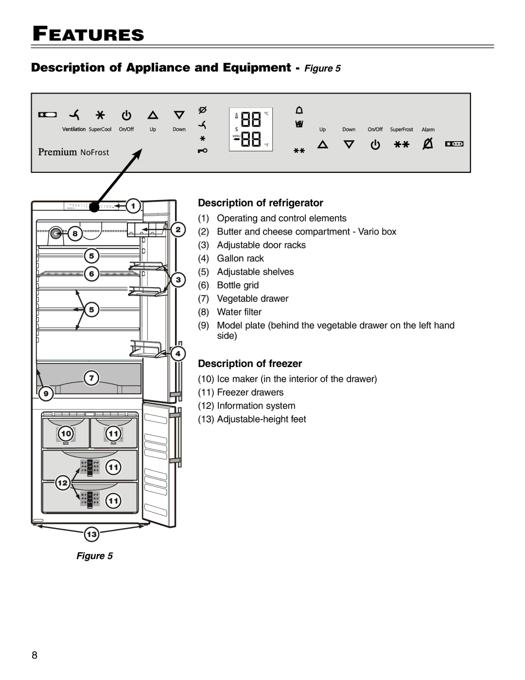 Liebherr CS 1660 manual Features, Description of Appliance and Equipment Figure, Description of refrigerator 