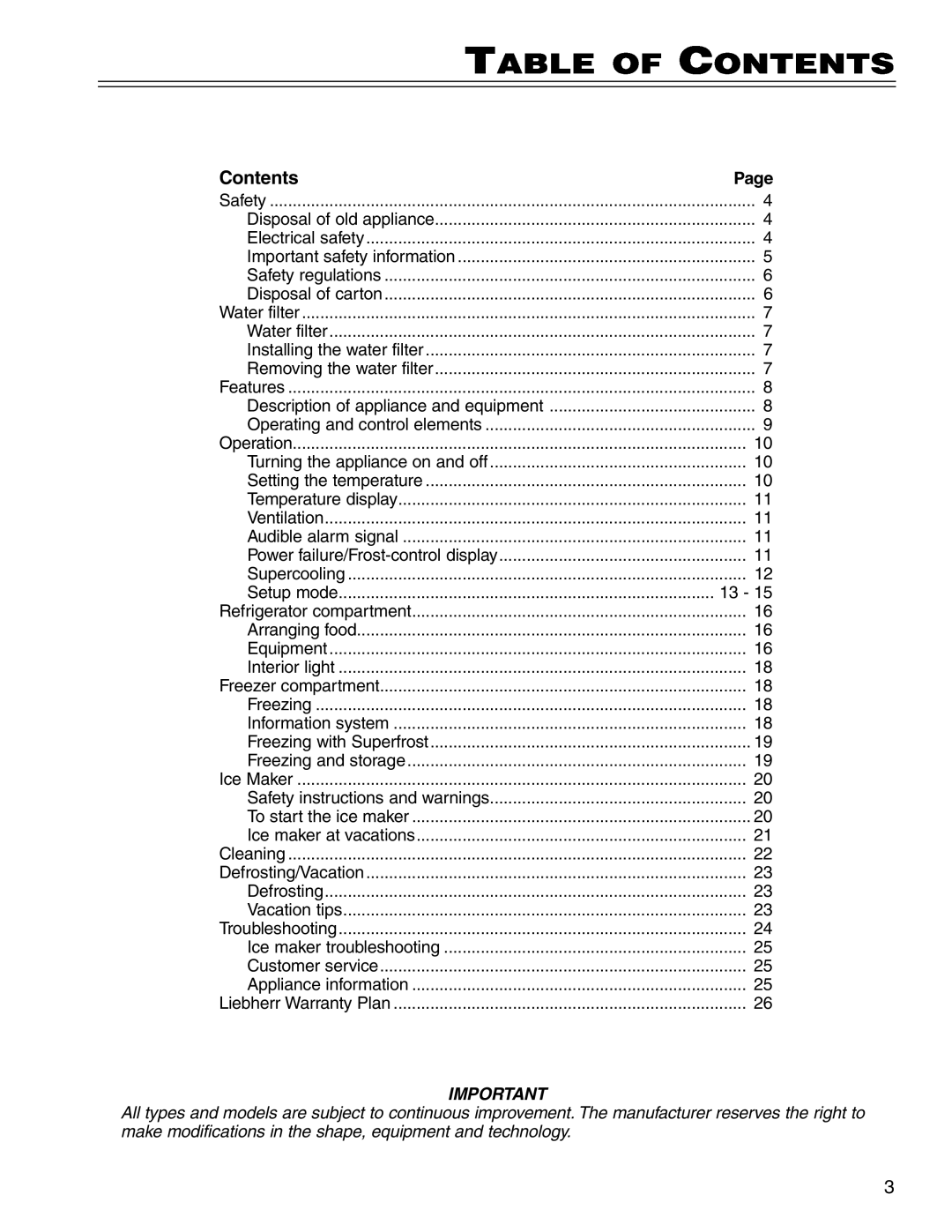 Liebherr CS 1660 manual Table of Contents, Setup mode 