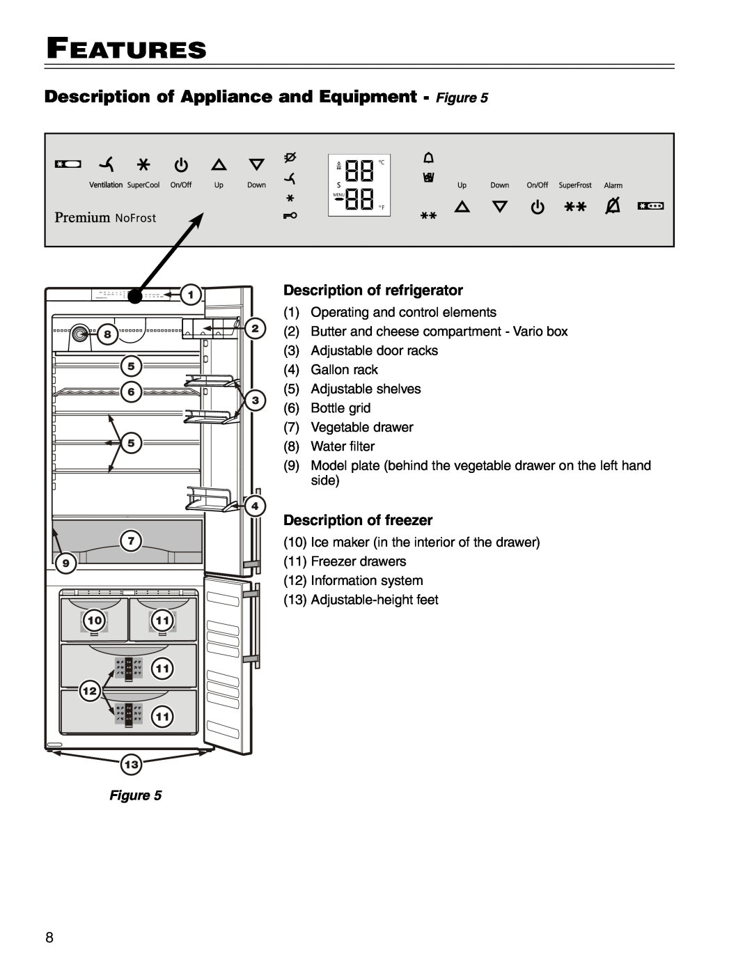 Liebherr CS 1660 manual Features, Description of Appliance and Equipment - Figure, Description of refrigerator 