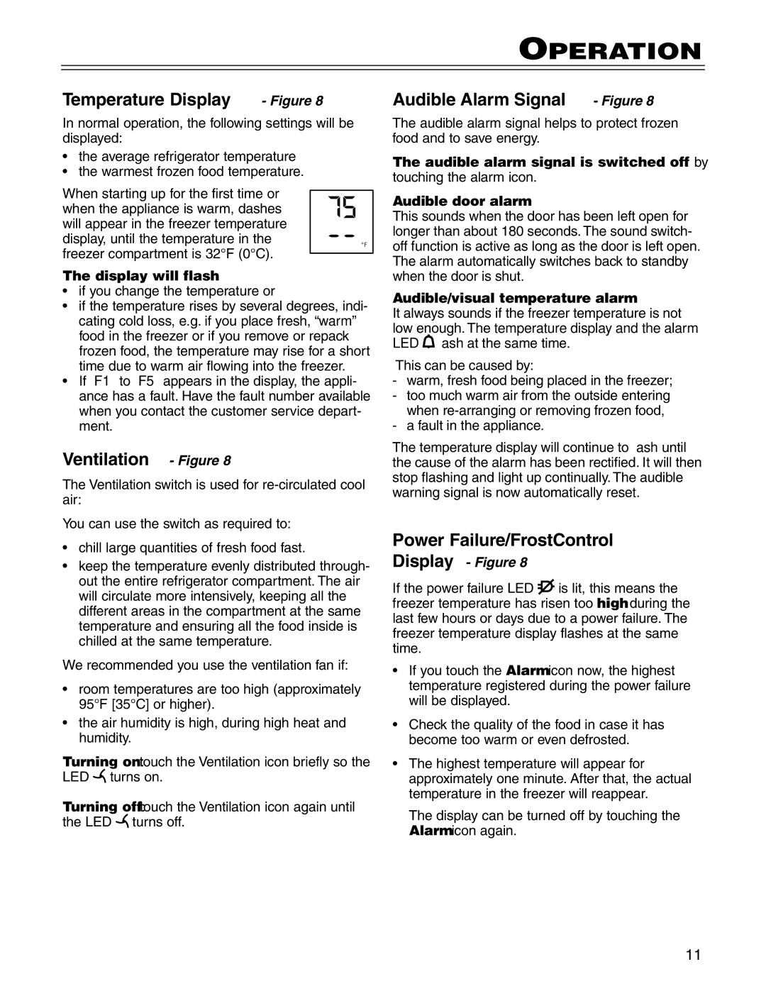 Liebherr CS1660 Temperature Display Figure, Ventilation Figure, Audible Alarm Signal Figure, Power Failure/FrostControl 