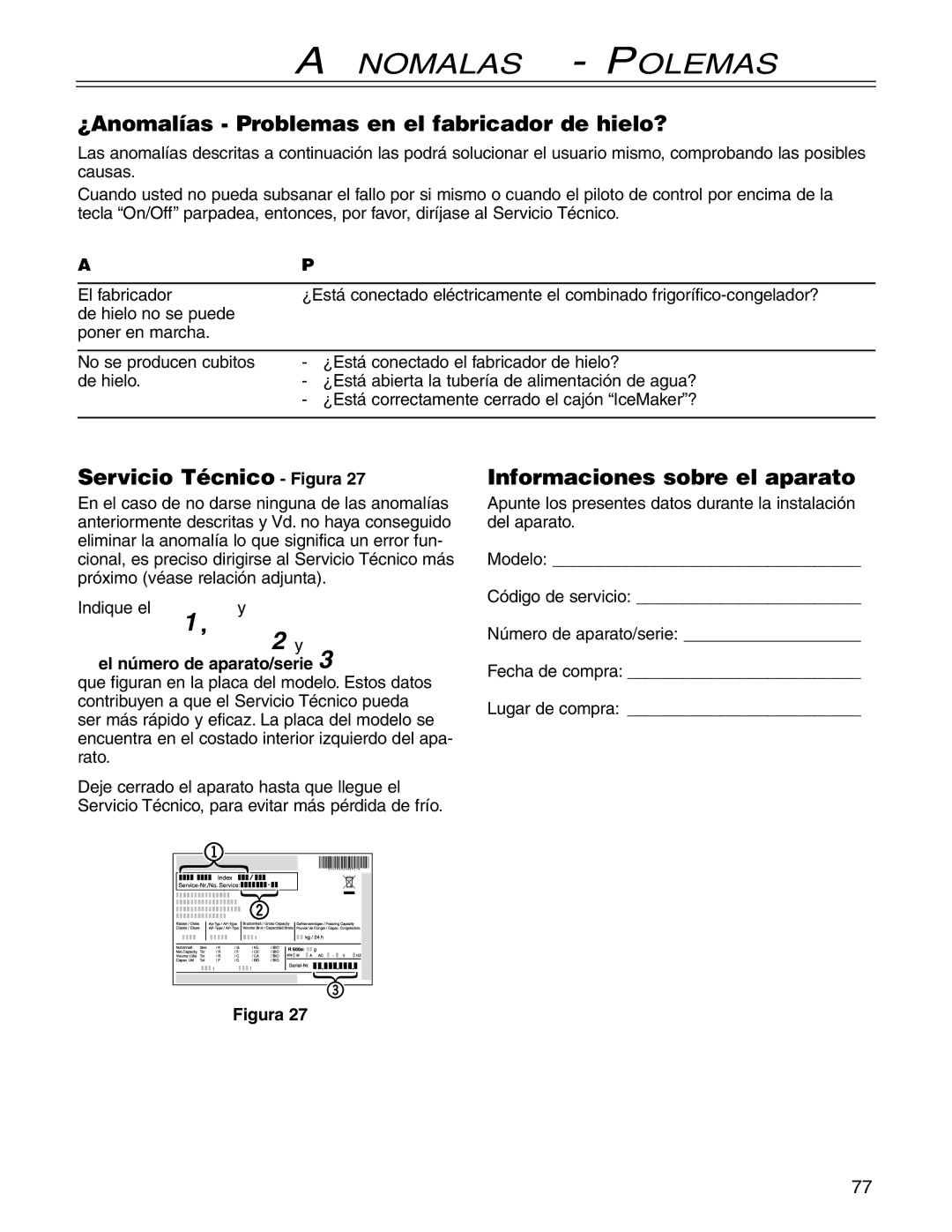 Liebherr CS1660 ¿Anomalías Problemas en el fabricador de hielo?, Servicio Técnico Figura, Informaciones sobre el aparato 
