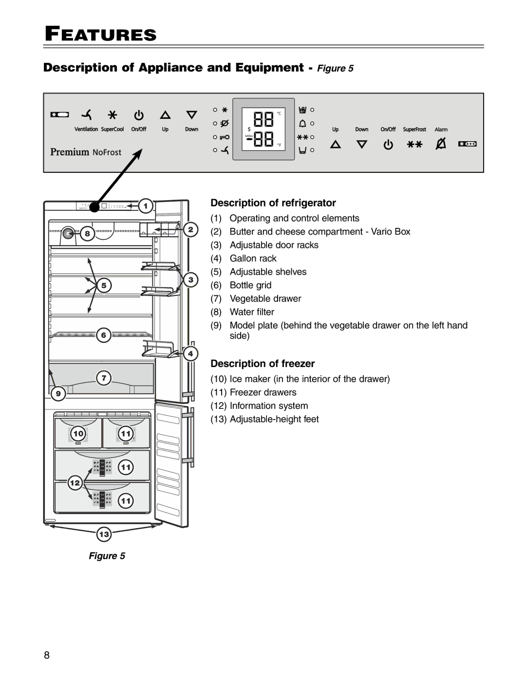 Liebherr CS1660 manuel dutilisation Features, Description of Appliance and Equipment Figure, Description of refrigerator 