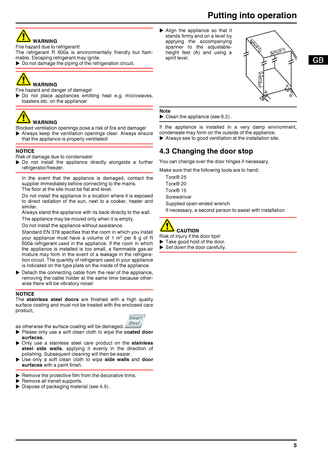 Liebherr 220113 7082814 - 00, CUP(sl) 2221/2721/3021 Putting into operation, Changing the door stop, Surfaces, Torx 