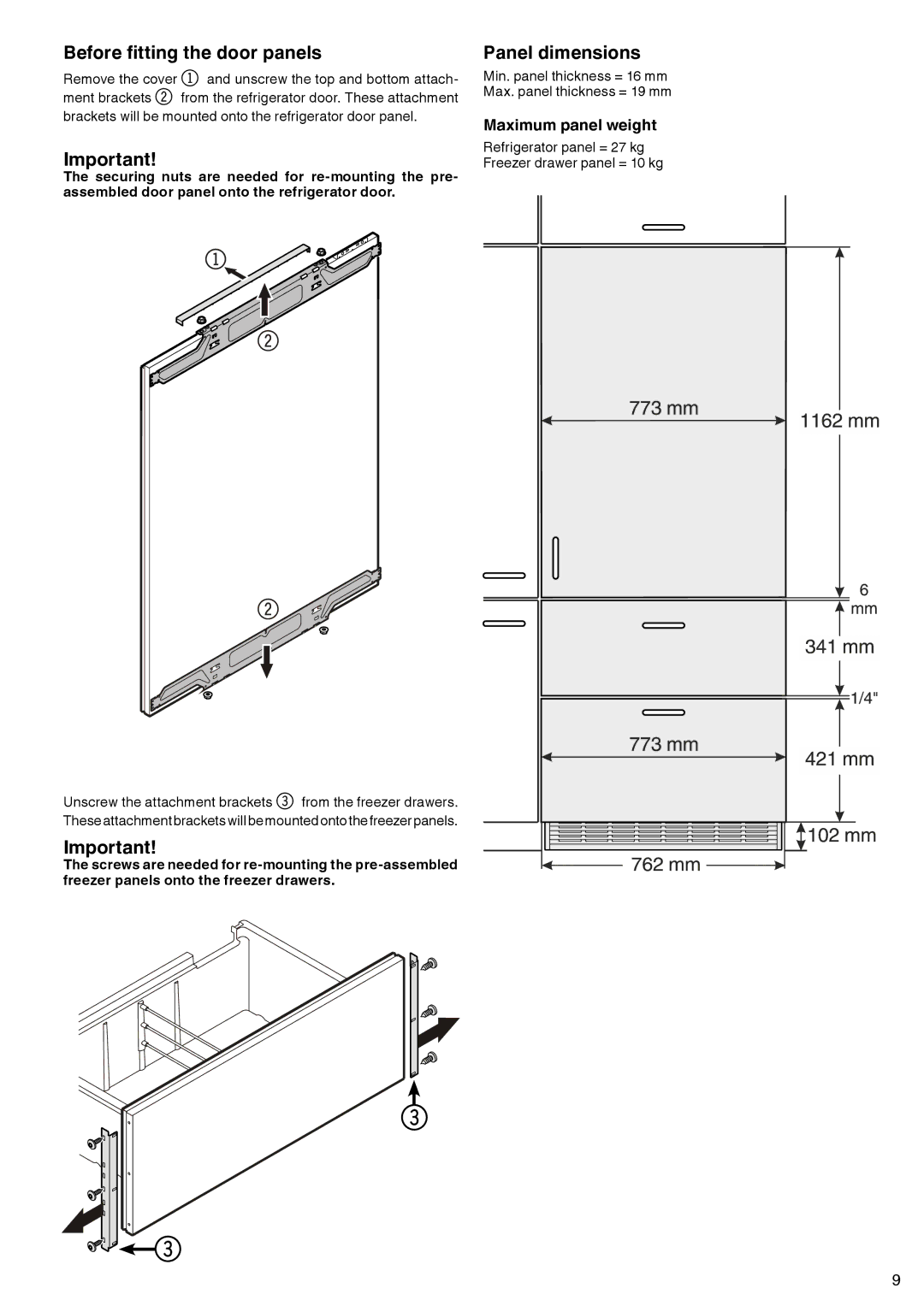 Liebherr ECBN 5066 manual Before fitting the door panels, Panel dimensions 